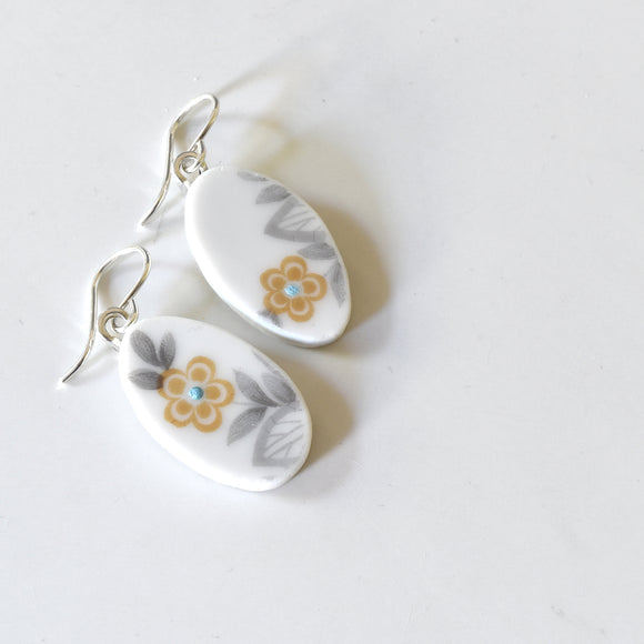 Recycled China - Earrings - Yellow Blue Grey Floral