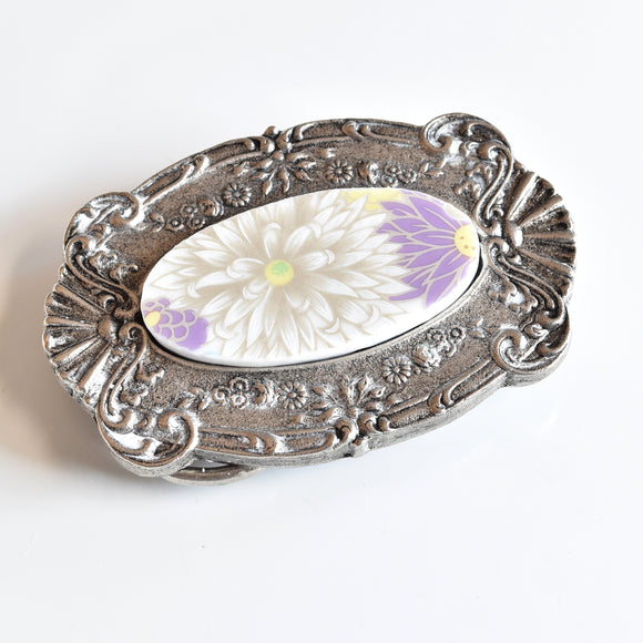 Recycled China Belt Buckle - Purple and Silver Floral