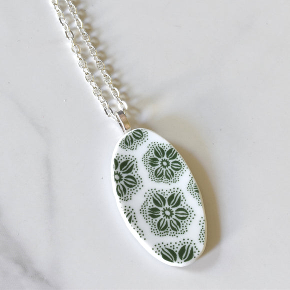 Broken China Jewelry Necklace  - Oval -  Green Floral Ikea