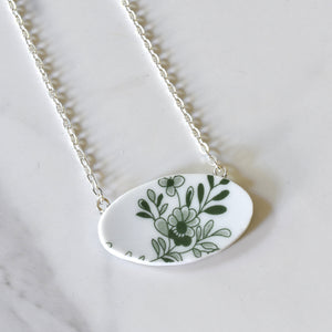 Broken China Jewelry Necklace  - Oval -  Green Floral Ikea