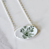 Broken China Jewelry Necklace  - Oval -  Green Floral Ikea