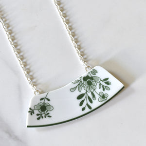 Broken China Jewelry Necklace  - Wide Rim -  Green Floral Ikea