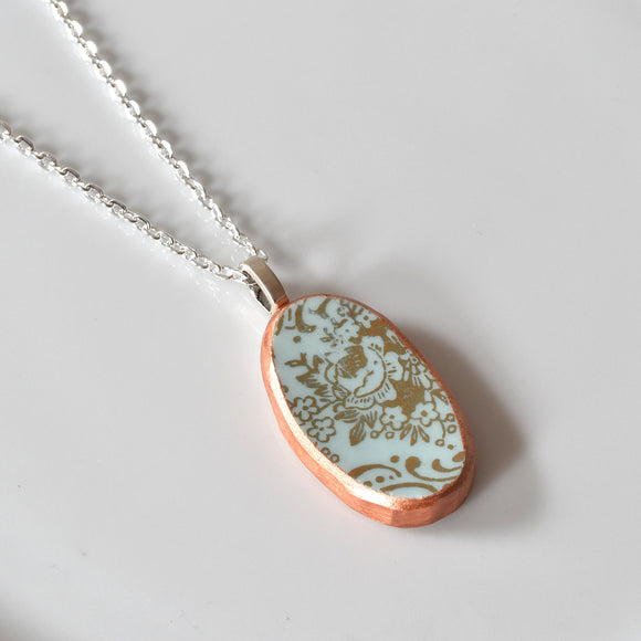 Broken China Jewelry Necklace  - Oval - Blue and Gold Floral