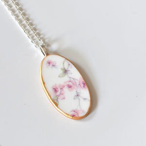 Broken China Jewelry Necklace  - Oval - Pink Floral