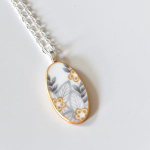 Broken China Jewelry Necklace  - Oval - Grey and Yellow Floral