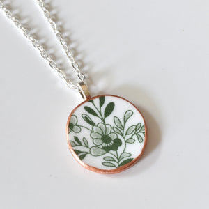 Broken China Jewelry Necklace  - Circle - Green Floral Ikea