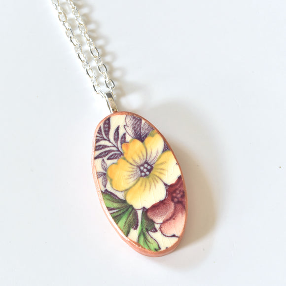 Broken China Jewelry Shard Necklace  - Yellow Flower