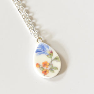 Broken China Jewelry Shard Necklace  -  Small Floral Teardrop