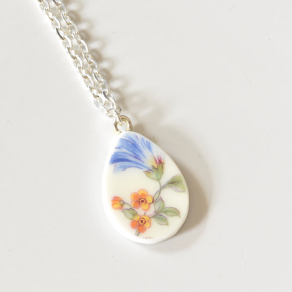Broken China Jewelry Shard Necklace  -  Small Floral Teardrop