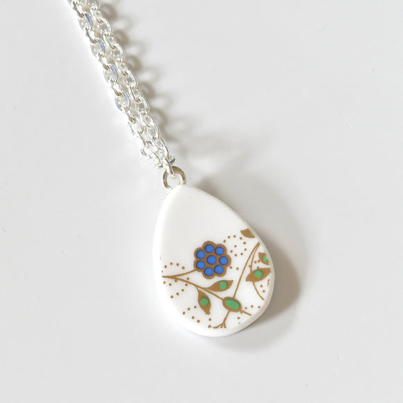 Broken China Jewelry Shard Necklace  -  Small Blue Flower Teardrop
