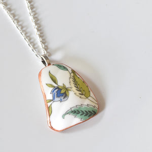 Broken China Jewelry Necklace  - Blue Floral Shard