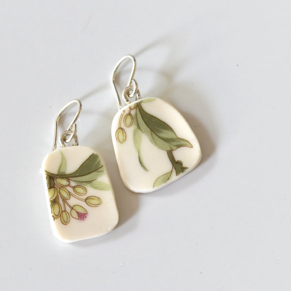 Broken China Jewelry Earrings  - Green Floral