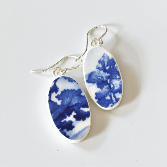 Broken China Jewelry Shard Earrings  -  Blue and White Oval