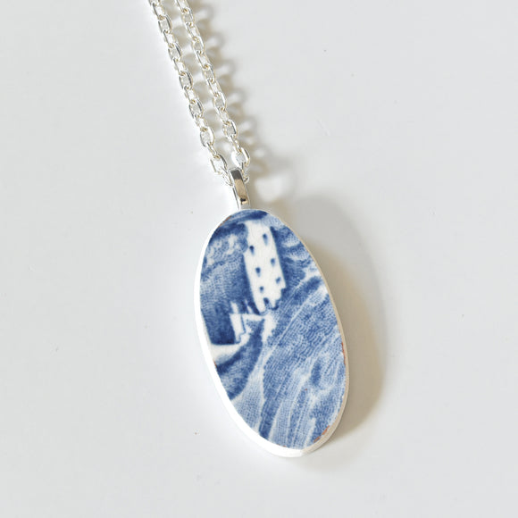 Broken China Jewelry Shard Necklace  -  Blue and White Oval