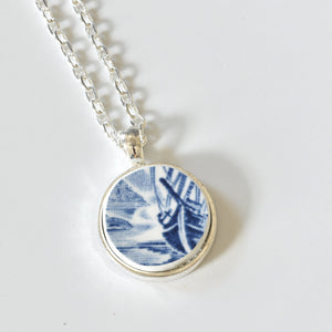 Broken China Jewelry Shard Necklace  -  Blue and White Ship Circle