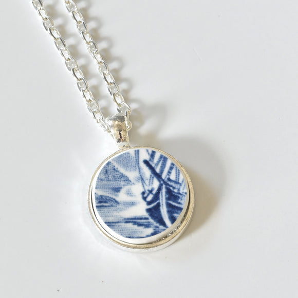 Broken China Jewelry Shard Necklace  -  Blue and White Ship Circle