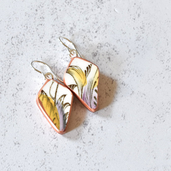 Broken China Jewelry Shard Earrings  -  Orange and Purple Diamond