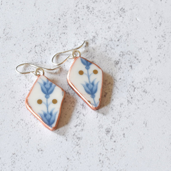 Broken China Jewelry Shard Earrings  -  Blue and Gold Diamond