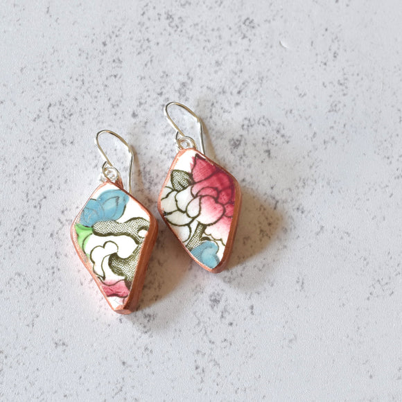 Broken China Jewelry Shard Earrings  -  Red Blue and Green Diamond