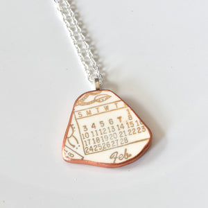 Broken China Jewelry Necklace -  Calendar Plate - Feb