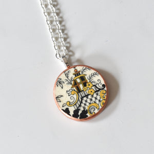 Broken China Jewelry Necklace  - Yellow Black Circle