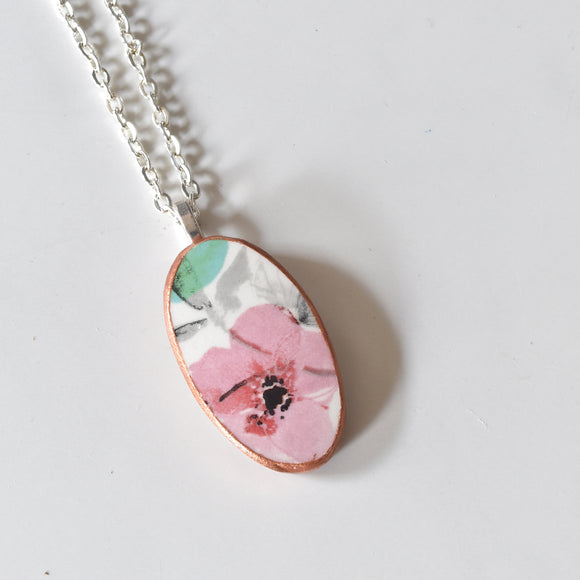 Broken China Jewelry Necklace  - Pink Floral Oval