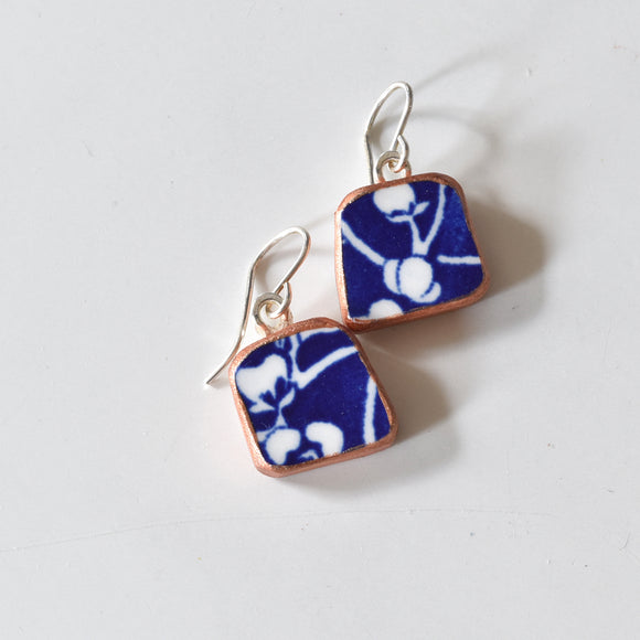 Broken Plate Earrings - Shard on Sterling Silver - Blue Calico