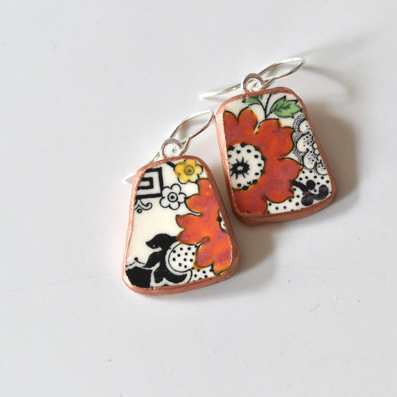 Broken Plate Earrings - Shard on Sterling Silver - Black and Orange