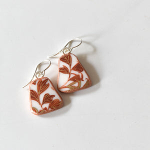 Broken Plate Earrings - Shard on Sterling Silver - Orange Floral