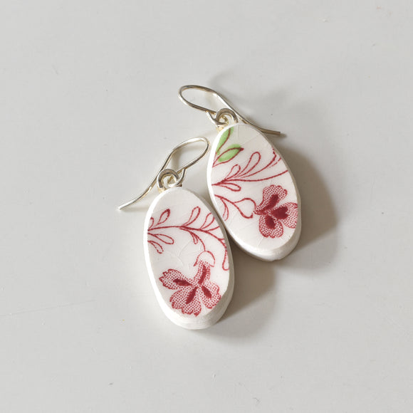 Broken Plate Earrings - Oval Shard on Sterling Silver - Rose Chintz