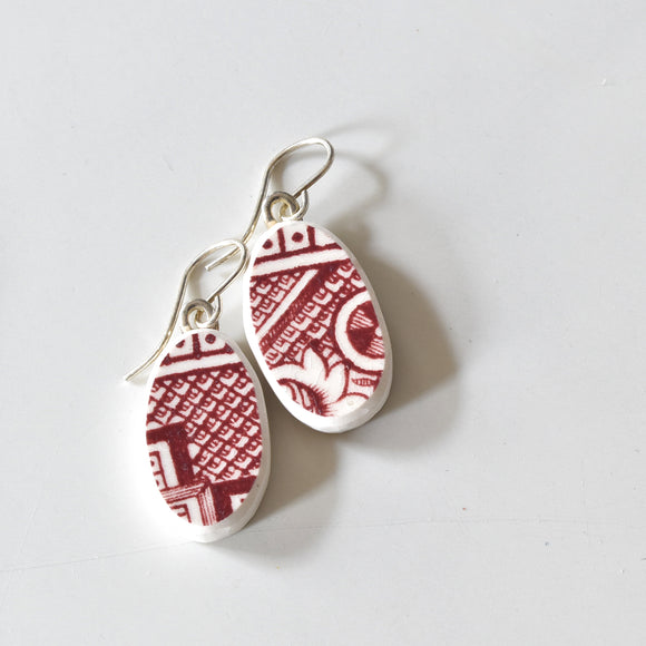 Broken Plate Earrings - Oval Shard on Sterling Silver - Red Willow ware