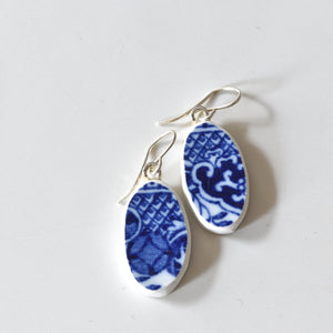 Broken Plate Earrings - Oval Shard on Sterling Silver - Blue Willow ware