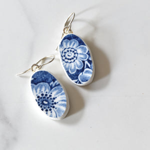 Broken Plate Earrings - Oval Shard on Sterling Silver - Blue Floral