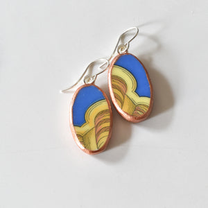 Broken Plate Earrings - Oval Shard on Sterling Silver - Blue and Yellow Versace