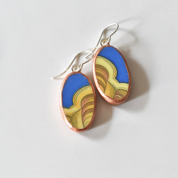 Broken Plate Earrings - Oval Shard on Sterling Silver - Blue and Yellow Versace