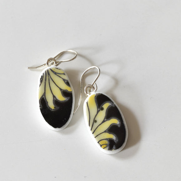 Broken Plate Earrings - Oval Shard on Sterling Silver - Black and Yellow