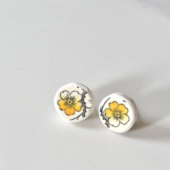 Broken Plate Earrings - Sterling Silver Studs - Yellow Flower