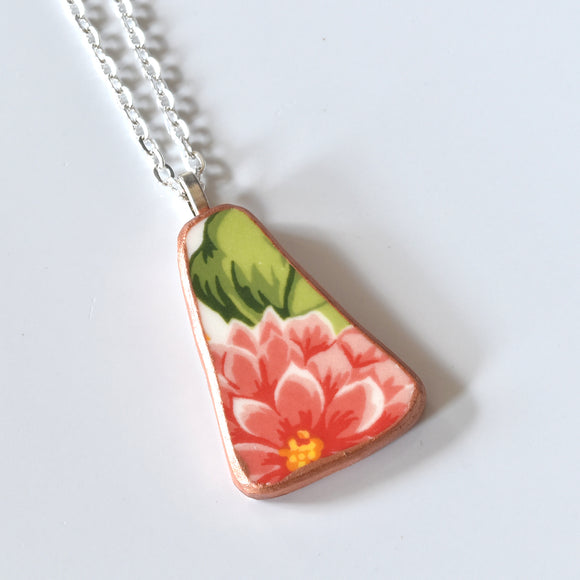 Broken China Jewelry Shard Necklace  - Pink Flower