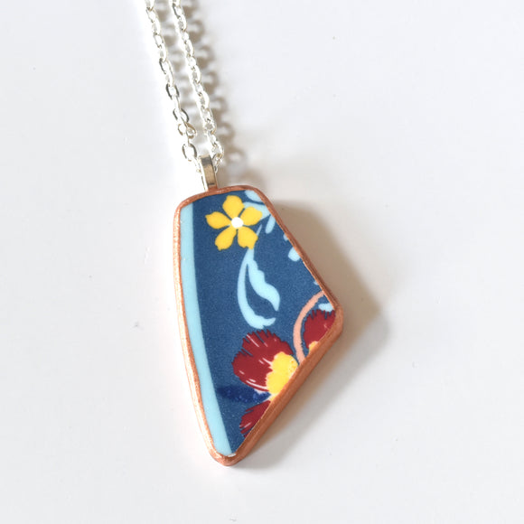 Broken China Jewelry Shard Necklace  - Blue Red Yellow