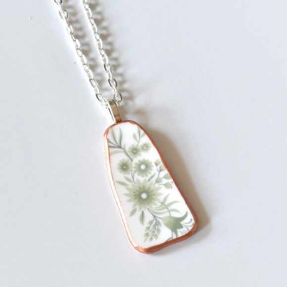 Broken China Jewelry Shard Necklace  - Green and White