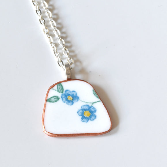 Broken China Jewelry Shard Necklace  - Blue Corelle Flower