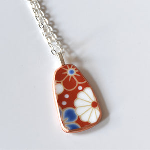 Broken China Jewelry Shard Necklace  - Red Floral