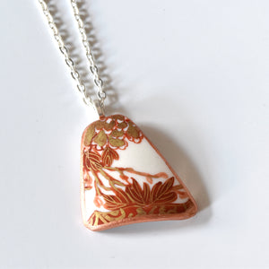 Broken China Jewelry Shard Necklace  - Orange Gold Flower