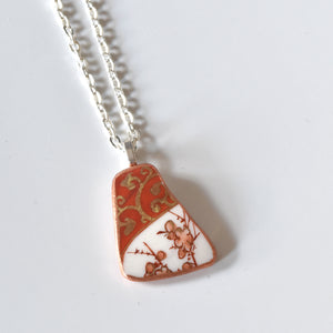 Broken China Jewelry Shard Necklace  - Orange Gold Flower