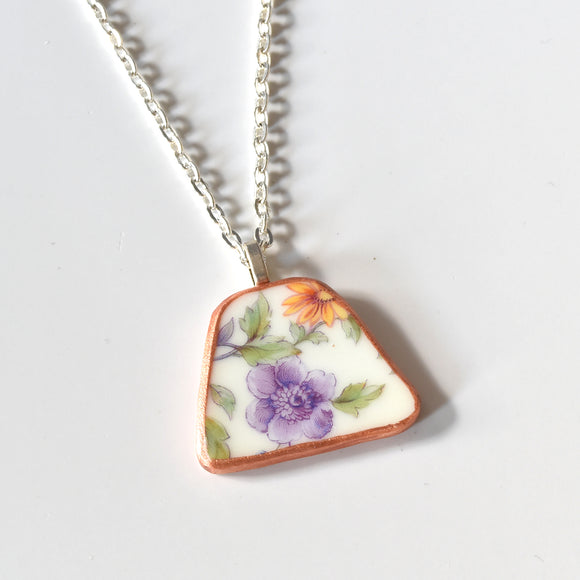 Broken China Jewelry Shard Necklace  - Purple and Orange Flower