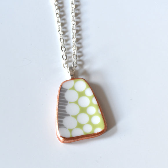 Broken China Jewelry Shard Necklace  - Green and White Circles