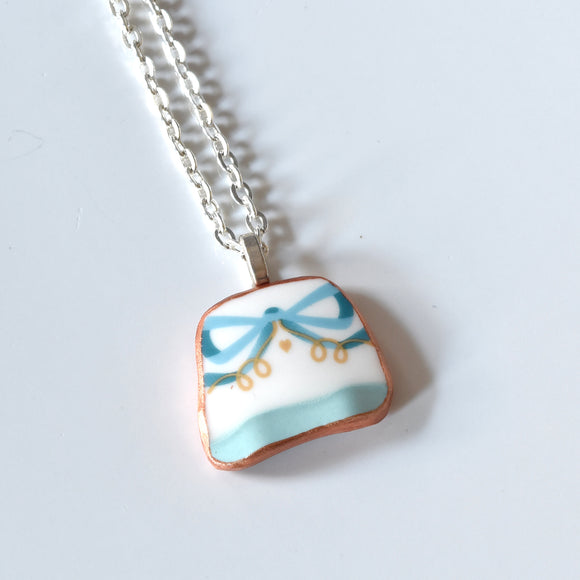 Broken China Jewelry Shard Necklace  - Blue Bow