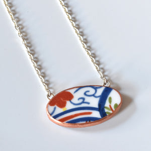 Broken China Jewelry Shard Necklace  - Red and Blue Oval