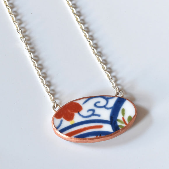 Broken China Jewelry Shard Necklace  - Red and Blue Oval