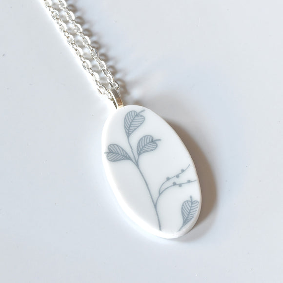 Broken China Jewelry Shard Necklace  -White and Silver Oval